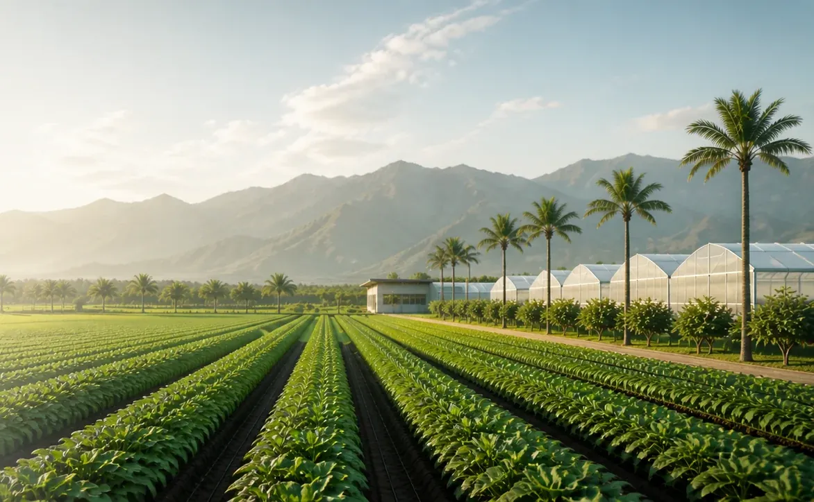 Rows of crops and greenhouses with mountains behind