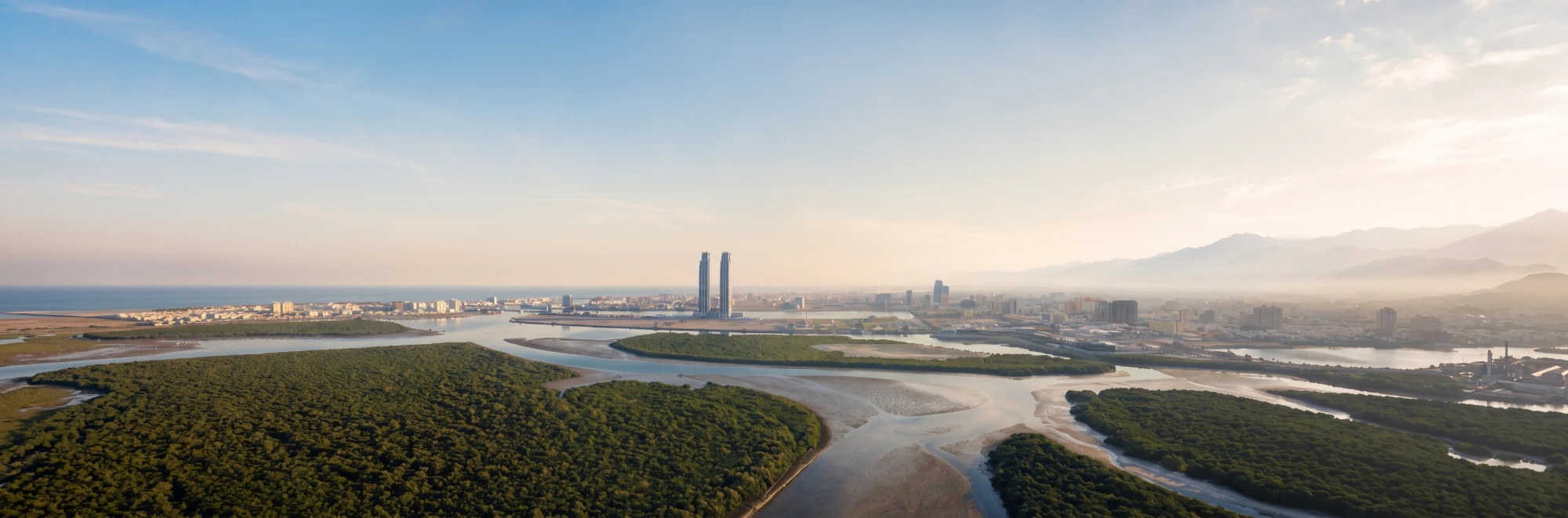 Ras Al Khaimah creek and mangroves with the Julphar Towers on the skyline
