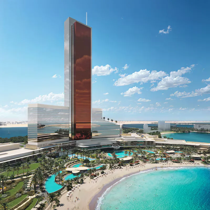 Render of the Wynn Al Marjan Island tower and beach